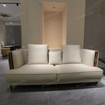 Light Beige Leather Sofa Set with Diamond Quilted Craftsmanship, Natural Wood Veneer & Gold-Tipped Stainless Steel Wooden Legs